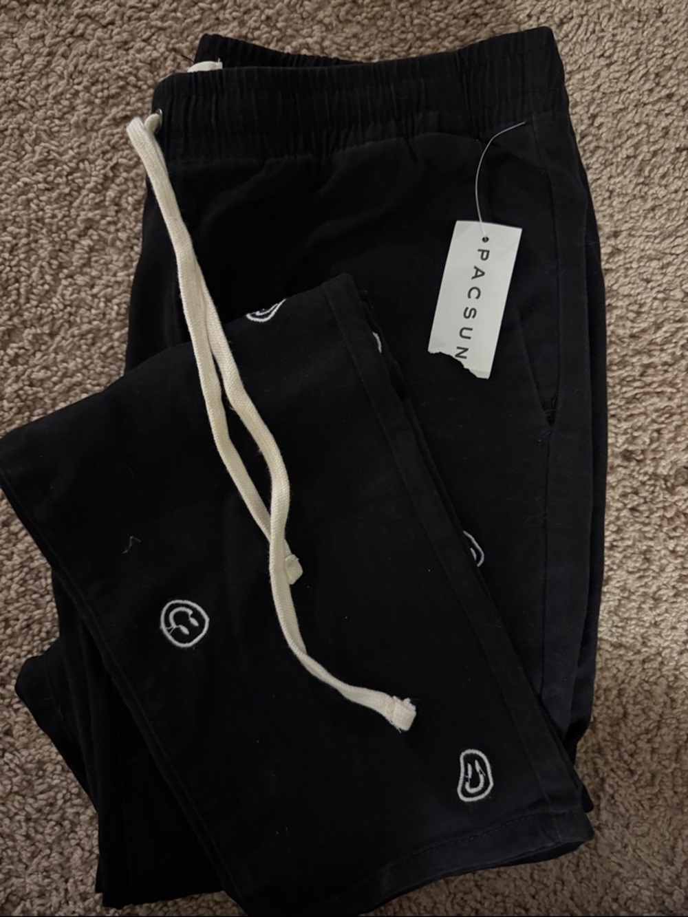 PacSun Black Jogger Pants with Cream Drawstring and Embroidered Accents